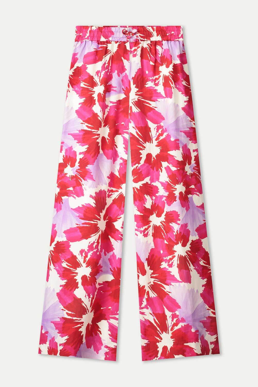 Pink-and-white floral wide-leg pants, elastic waistband, full-length loose legs
