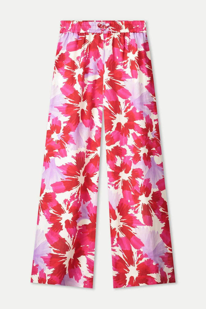 Pink-and-white floral wide-leg pants, elastic waistband, full-length loose legs