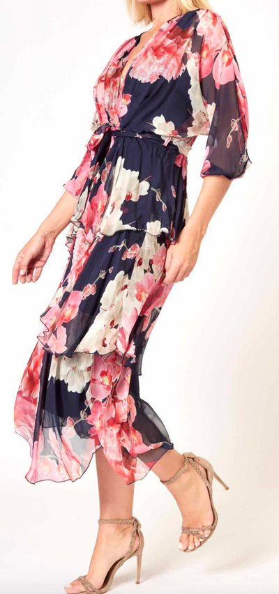 Cross-Over Neckline Long Slve  - Pink Floral