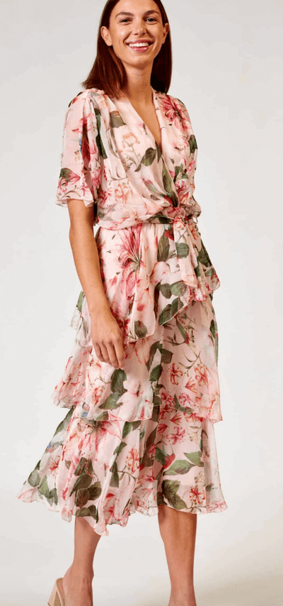 Cross-Over Neckline Short Sleeve Dress - Pink/Green Floral
