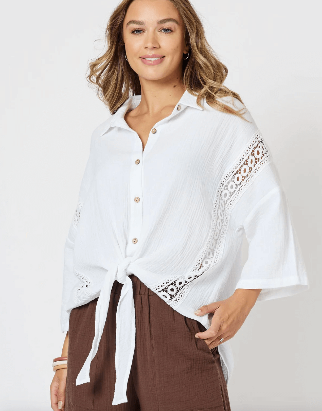 Lace Sleeve Front Tie Shirt
