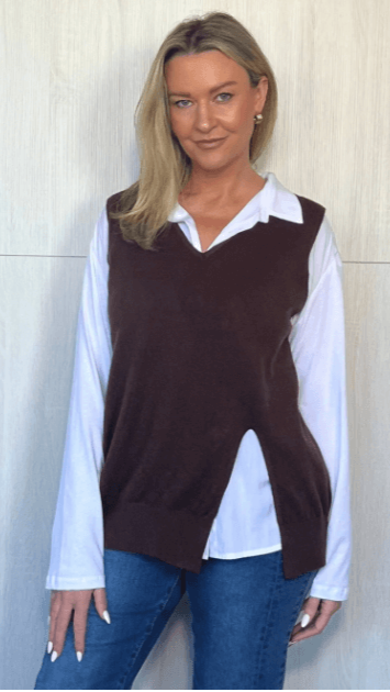 Vicky Side Split Knit Vest - Chocolate