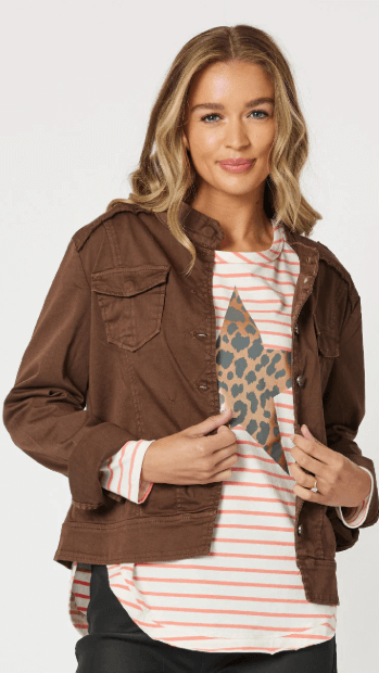 Military Style Denim Jacket - Chocolate