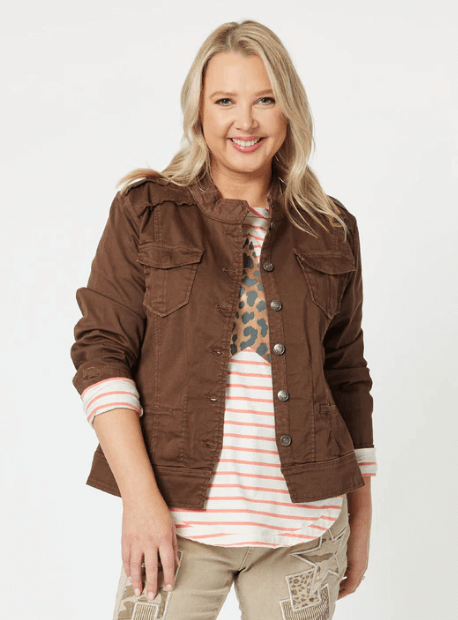 Military Style Denim Jacket - Chocolate