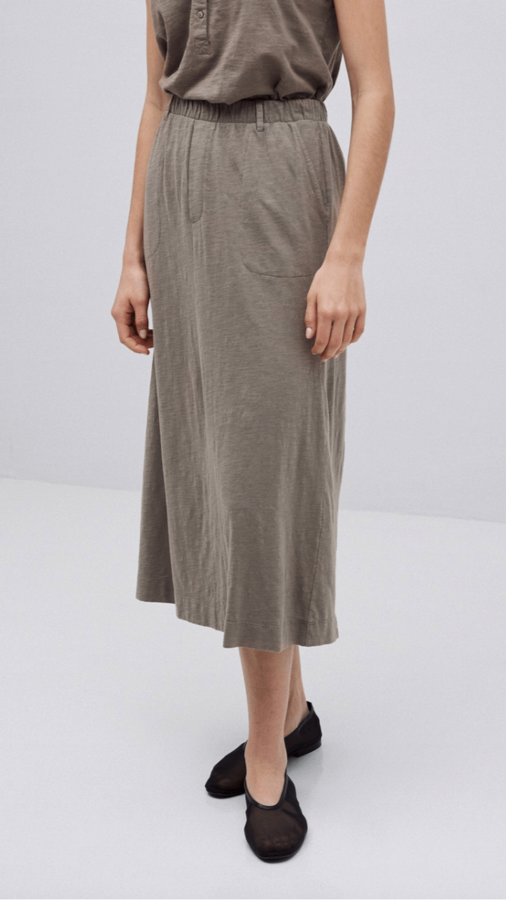Khaki Slub Cotton Midi Skirt