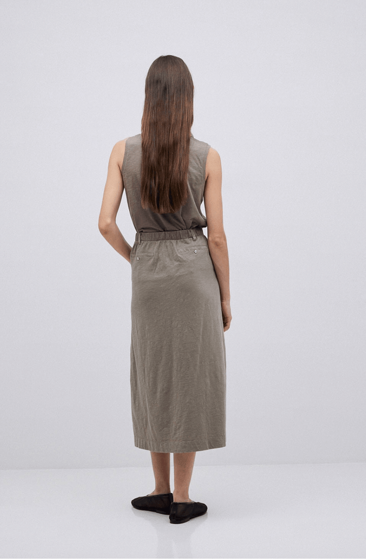 Khaki Slub Cotton Midi Skirt