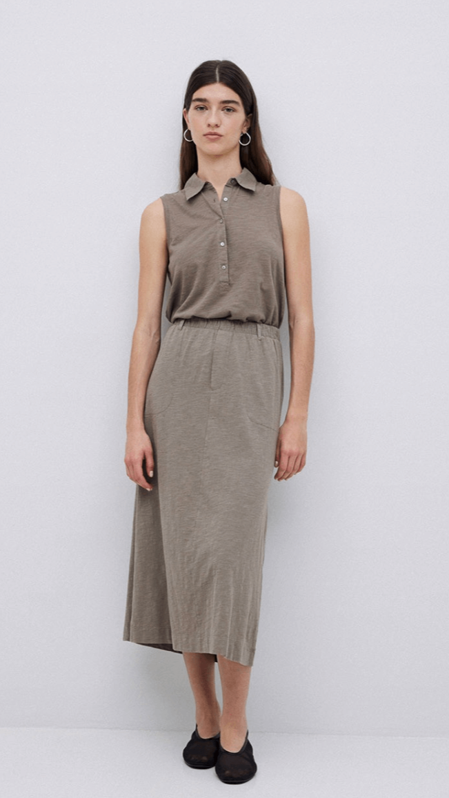 Khaki Slub Cotton Midi Skirt