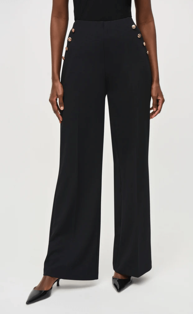 Black wide-leg pants with button details on a white background by Joseph Ribkoff at The Wardrobe 