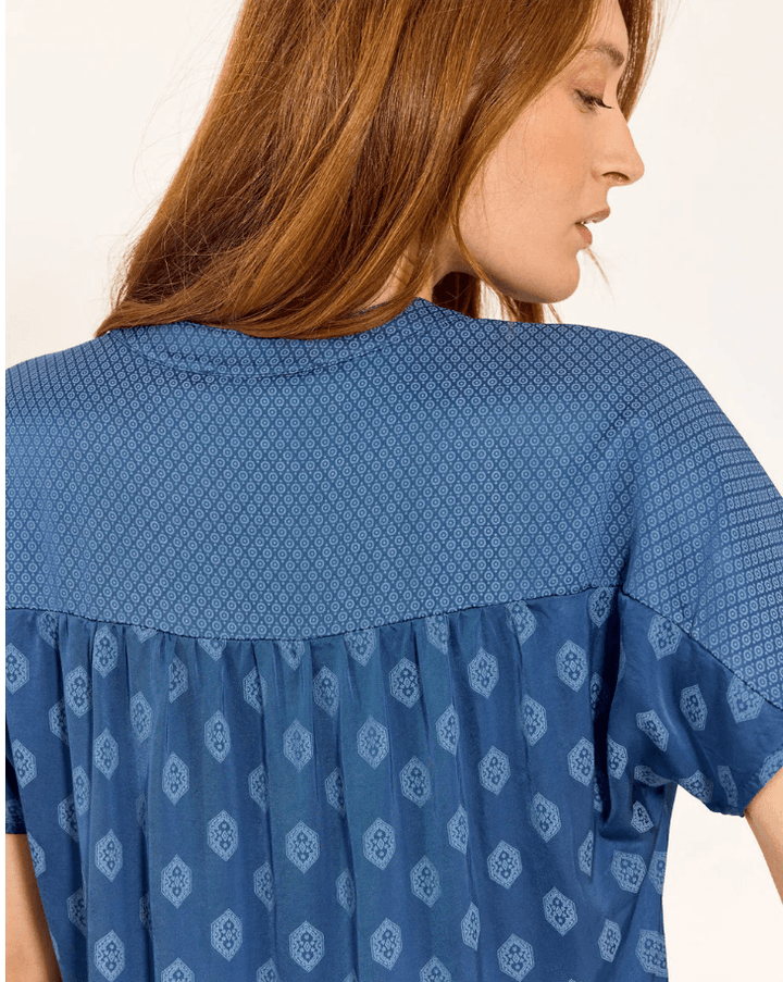 Lauren Vidal ocean-blue top back detail with gathered yoke and geometric print
