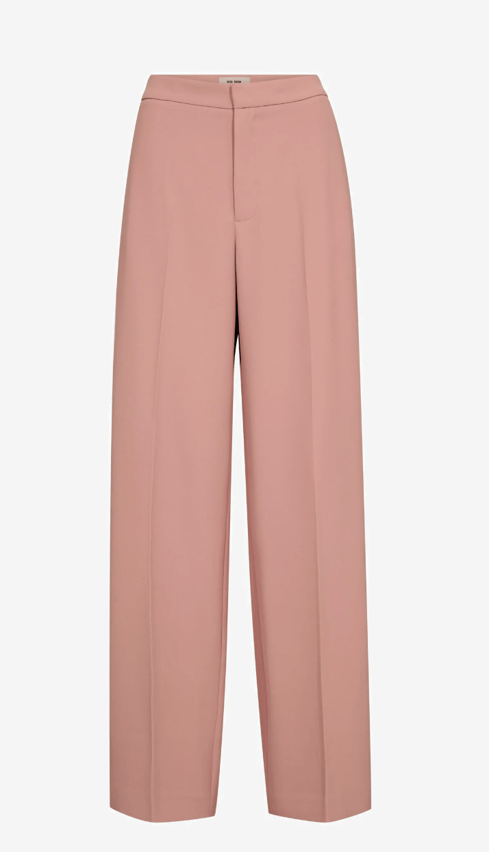 Mos Mosh A flat image of a dusty pink two-piece suit consisting of a long-sleeve blazer and matching wide-leg trousers.