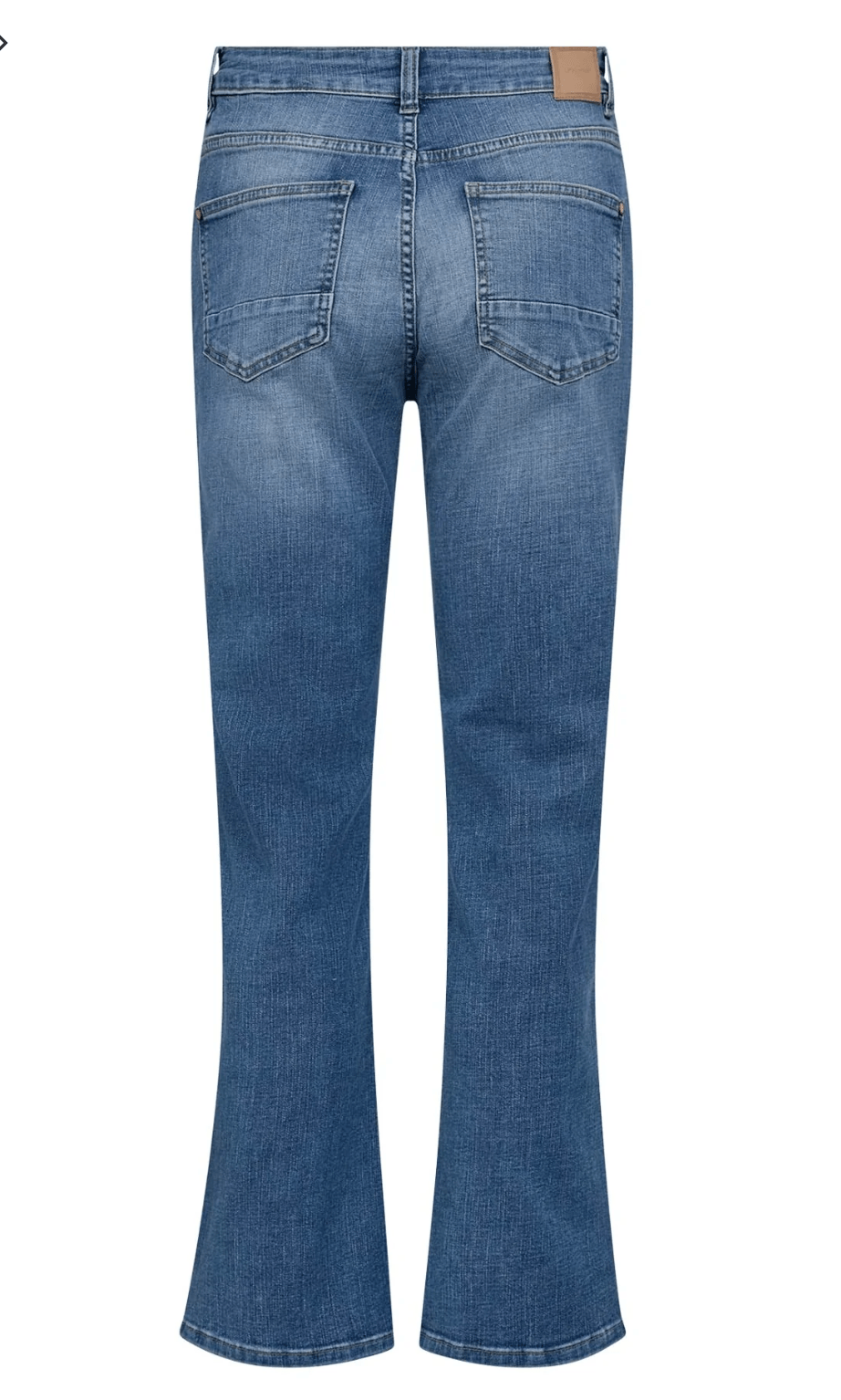 Mos Mosh model wearing medium-wash blue jeans with a blue long-sleeve button-up shirt, shown from the waist down against a light gray studio background. Flat image