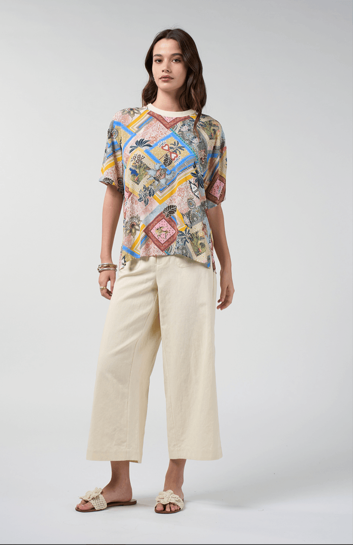 Loobie’s Story Ceylon top, cream multi patchwork print, crew neck, short sleeves
