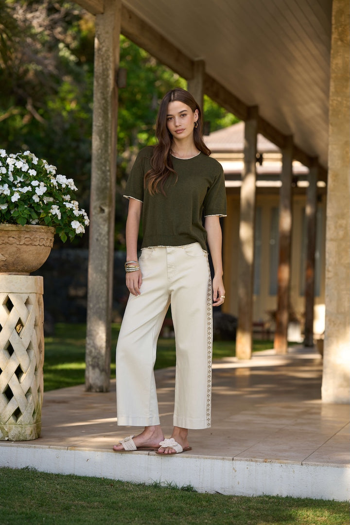 Women’s ecru wide-leg pants with decorative side trim