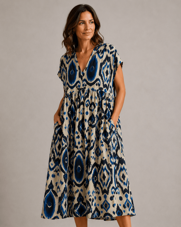 Blue-and-cream short-sleeve dress with V-neck and tiered A-line skirt