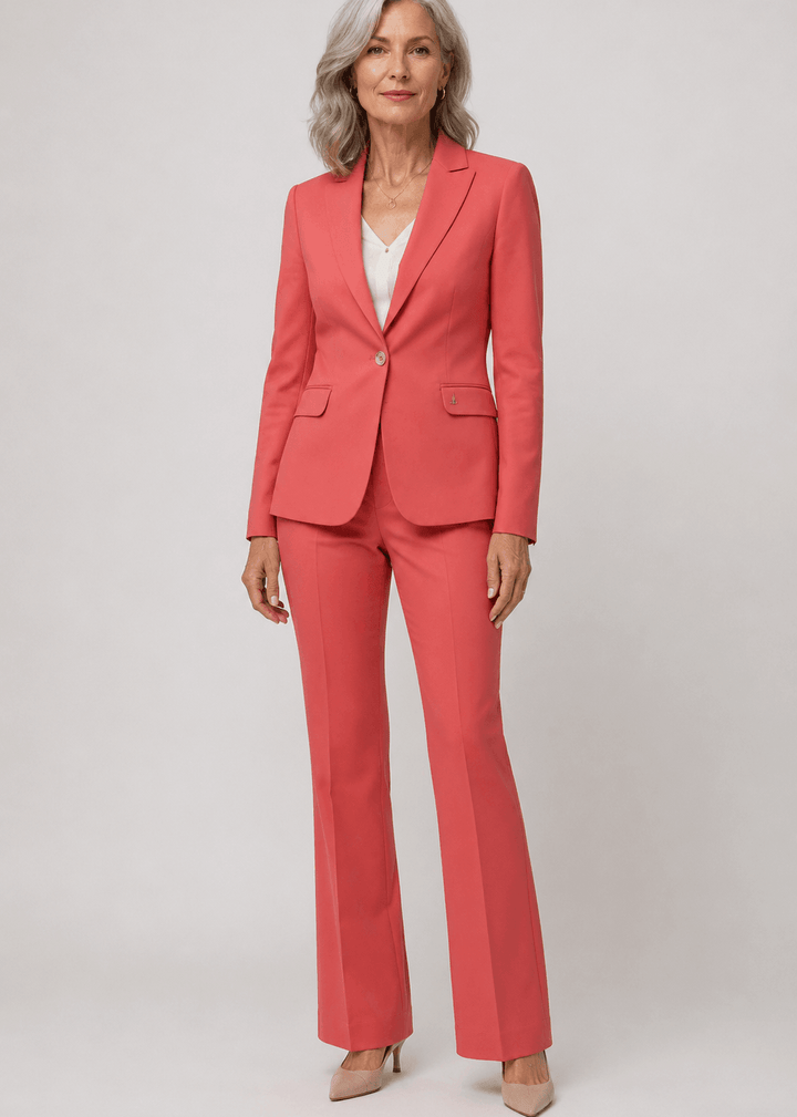 Mos Mosh A woman modeling a coral pink two-piece suit consisting of a single-breasted blazer and matching wide-leg trousers, styled with a white top and beige heels against a light gray studio background.