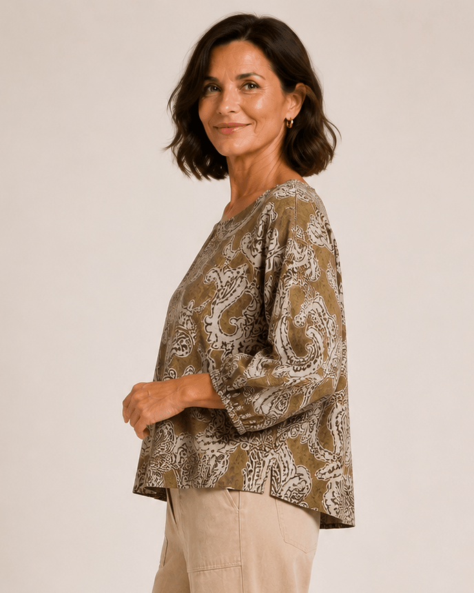 Relaxed paisley print top with crew neck and 3/4 balloon sleeves, tan and white paisley