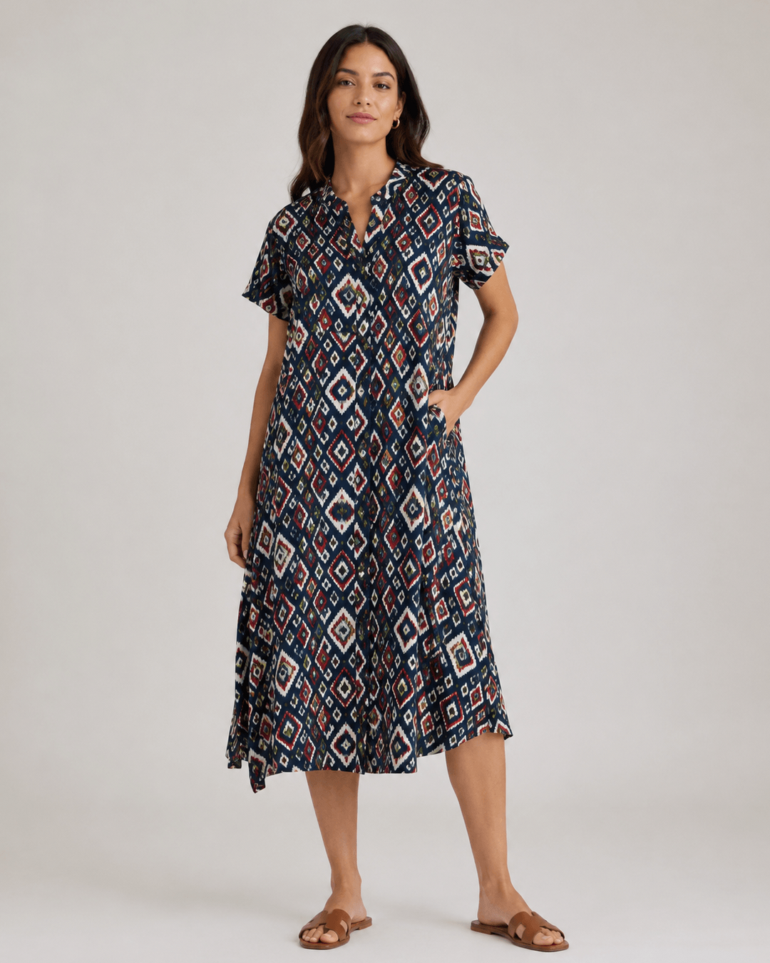 Geometric print midi dress, navy with teal and orange diamonds, V-neck, relaxed fit
