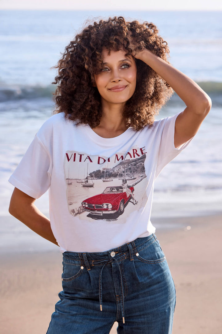 Jeweled Car Tee - White/Red