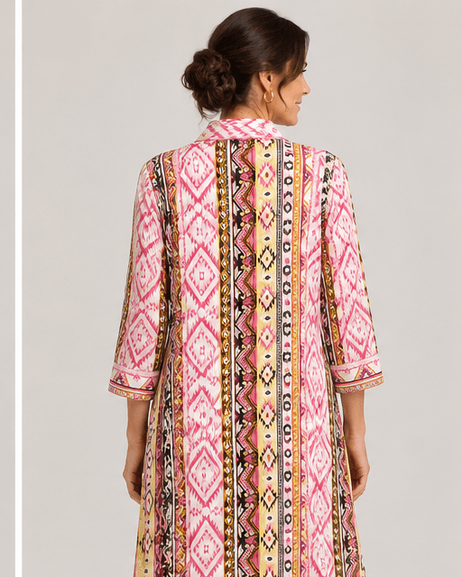 Selene dress back, pink and multicolor patterned midi with V-neck and 3/4 sleeves
