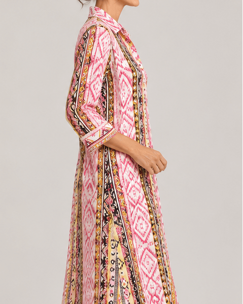Selene dress side view, pink and multicolor patterned midi with V-neck collar and 3/4 sleeves