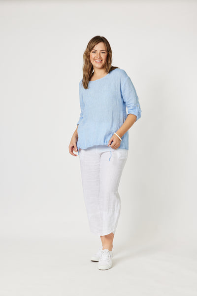 Linen Top with Tab Sleeve - Pale Blue