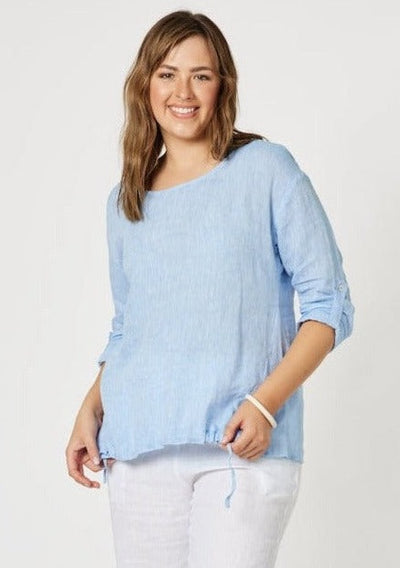 Linen Top with Tab Sleeve - Pale Blue