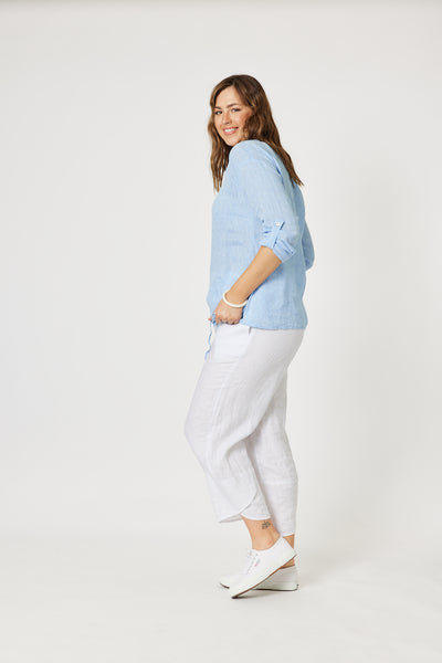 Linen Top with Tab Sleeve - Pale Blue