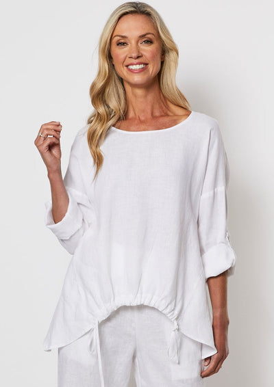 Linen Top with Tab Sleeve - White