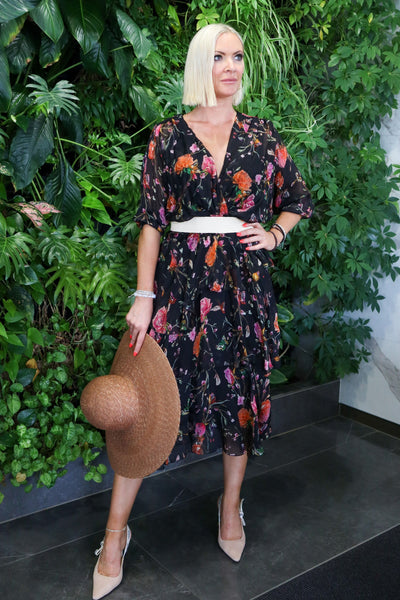 Romantic Cross Neckline Dress - Black/Orange Floral