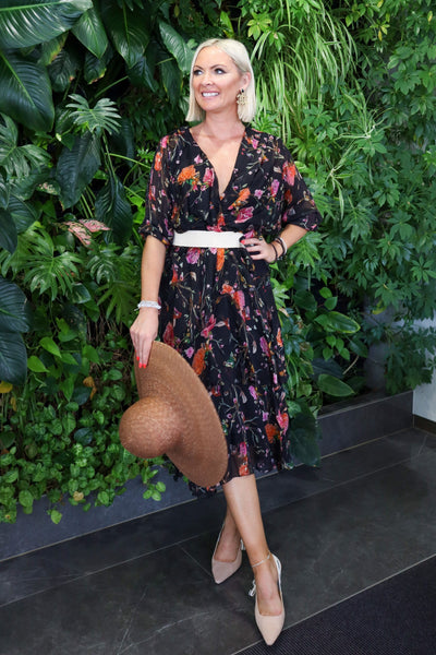 Romantic Cross Neckline Dress - Black/Orange Floral