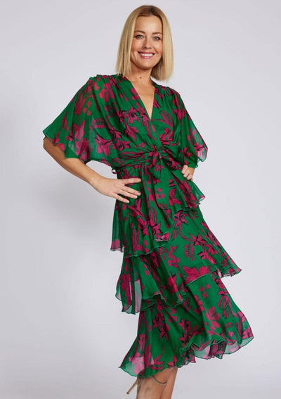 Tier Dress crossover neckline - Green/Pink Floral (Size XL)