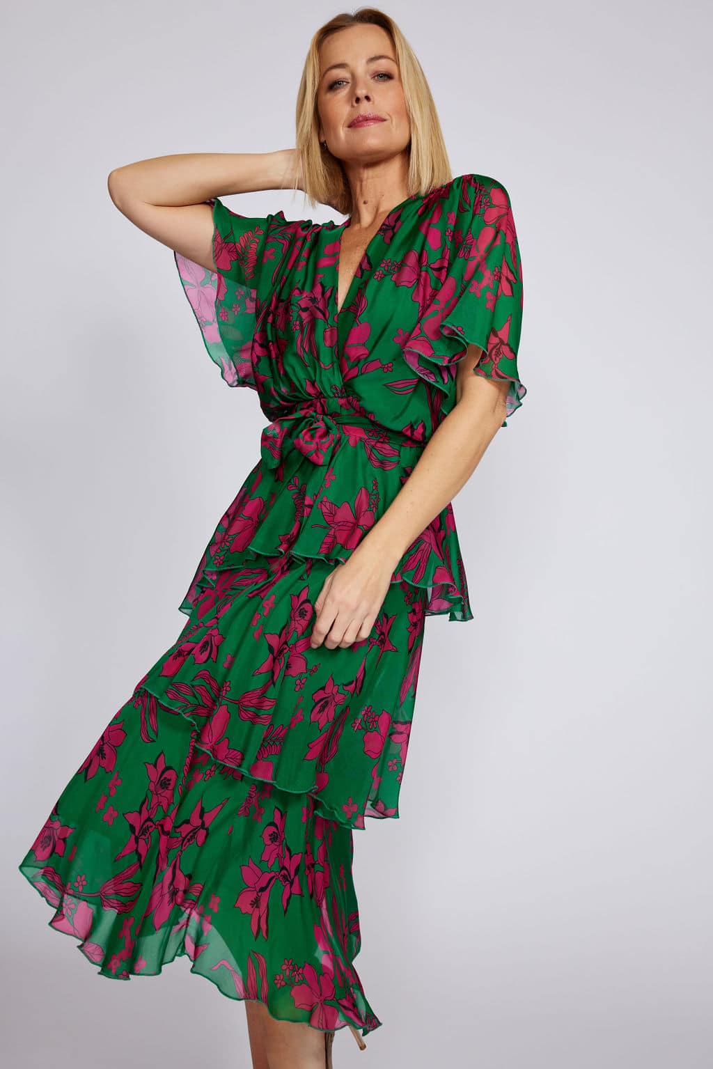 Tier Dress crossover neckline - Green/Pink Floral (Size XL)