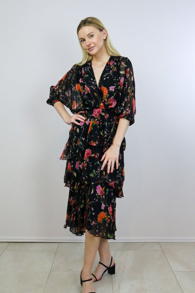 Romantic Cross Neckline Dress - Black/Orange Floral