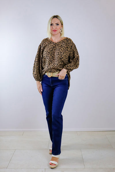 V Neck Balloon Sleeve Top - Animal Size 10