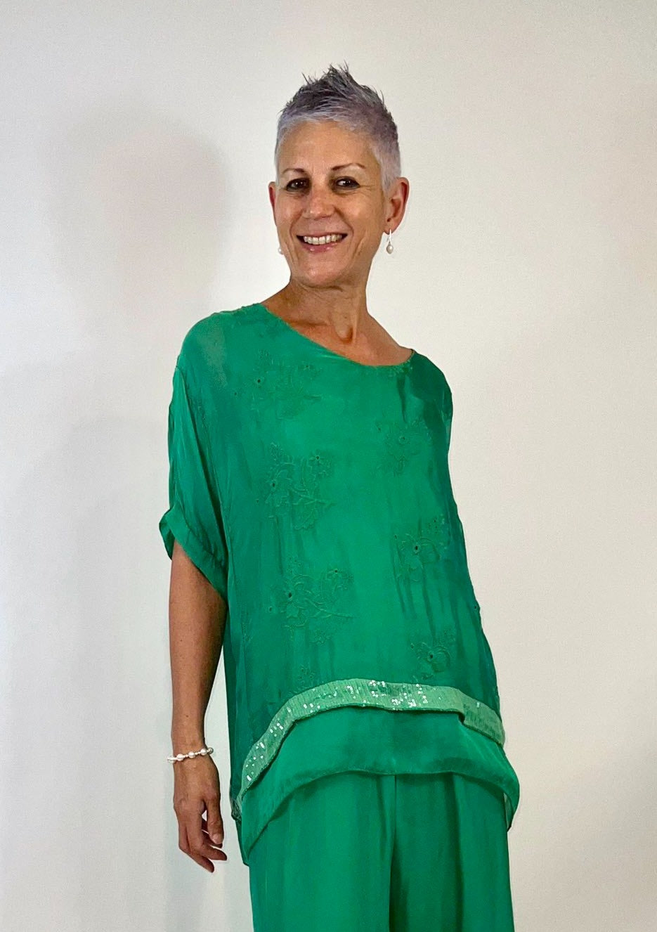 Embellished Silk Kaftan Top - Green Size M