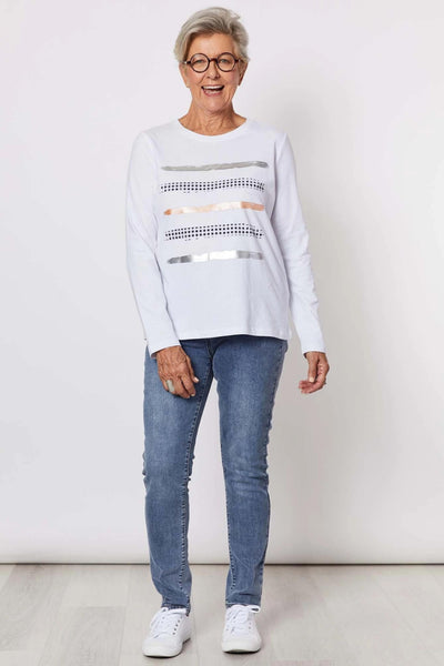 Foil Stripe Print Cotton T-shirt - White Size 20