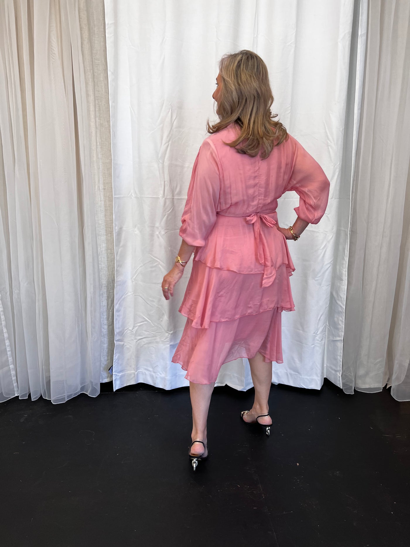 V Neck Silky Dress 3/4 Slve -Blush Pink
