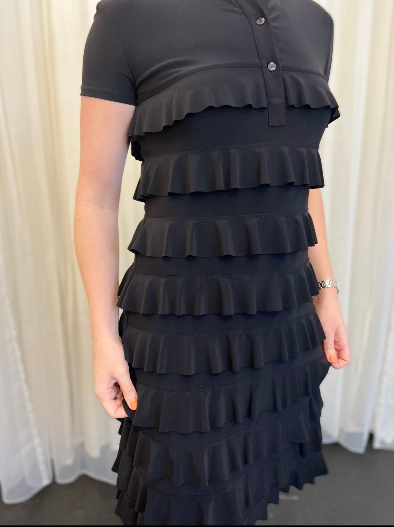 Short Sleeve Ruffle Dress - Black